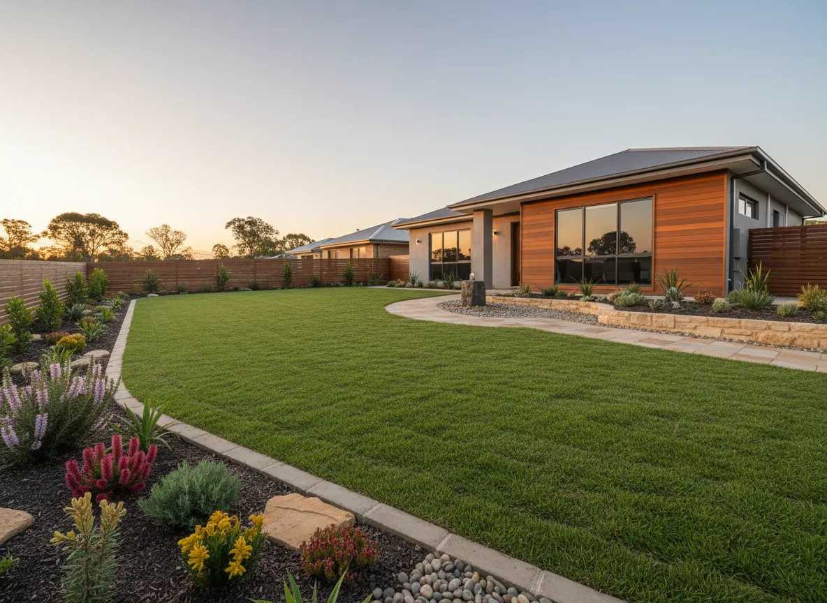 Illustration of freshly laid turf beside a garden bed, not a project photo.