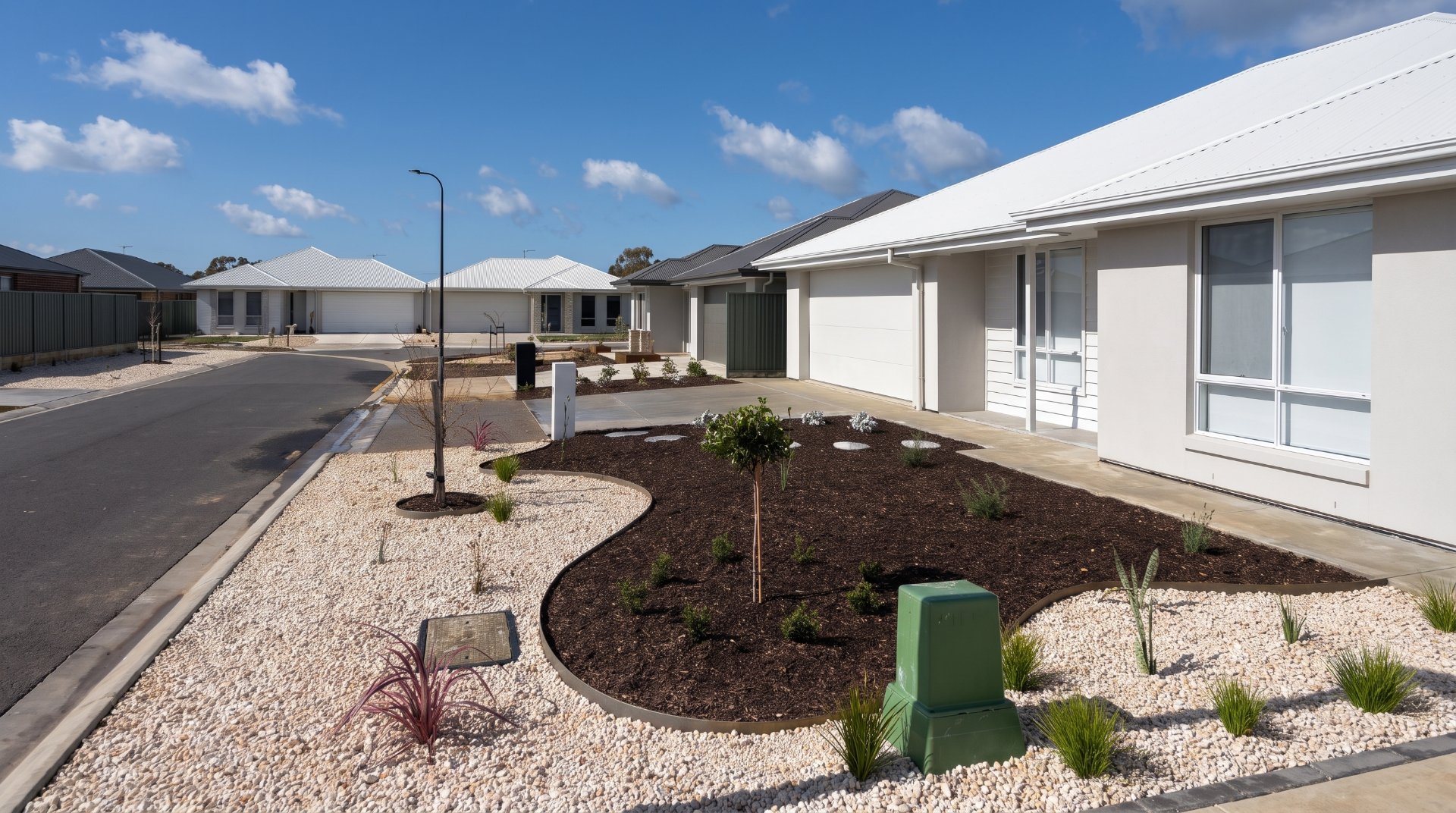 Front garden with a mulched bed, white pebble border and new plantings